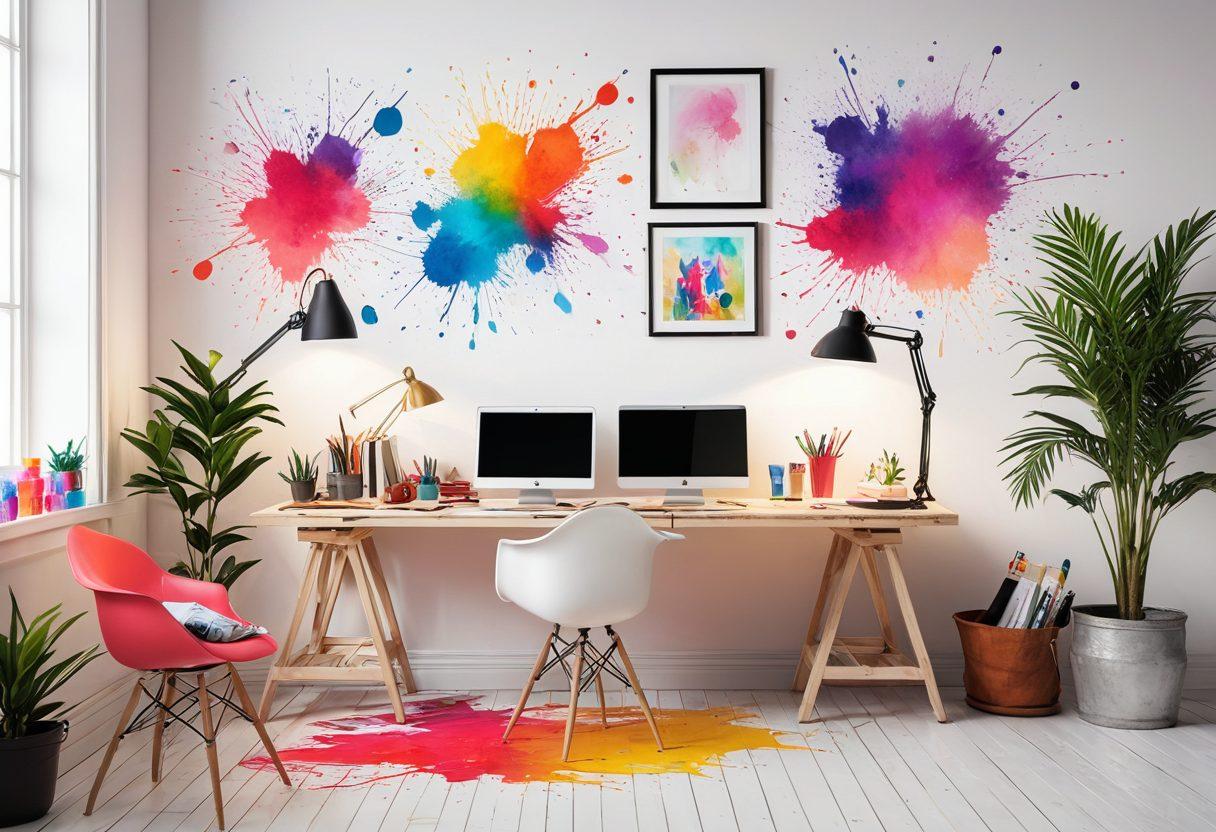 A vibrant workspace filled with artistic tools like sketchpads, digital tablets, and colorful paint splatters, showcasing a designer at work, deep in thought while creating a stunning digital project on the laptop. A soft glow emanates from the screen, illuminating the designer's focused expression. Surrounding elements include framed artworks and a splash of bright colors on the walls to inspire creativity. super-realistic. vibrant colors. white background.