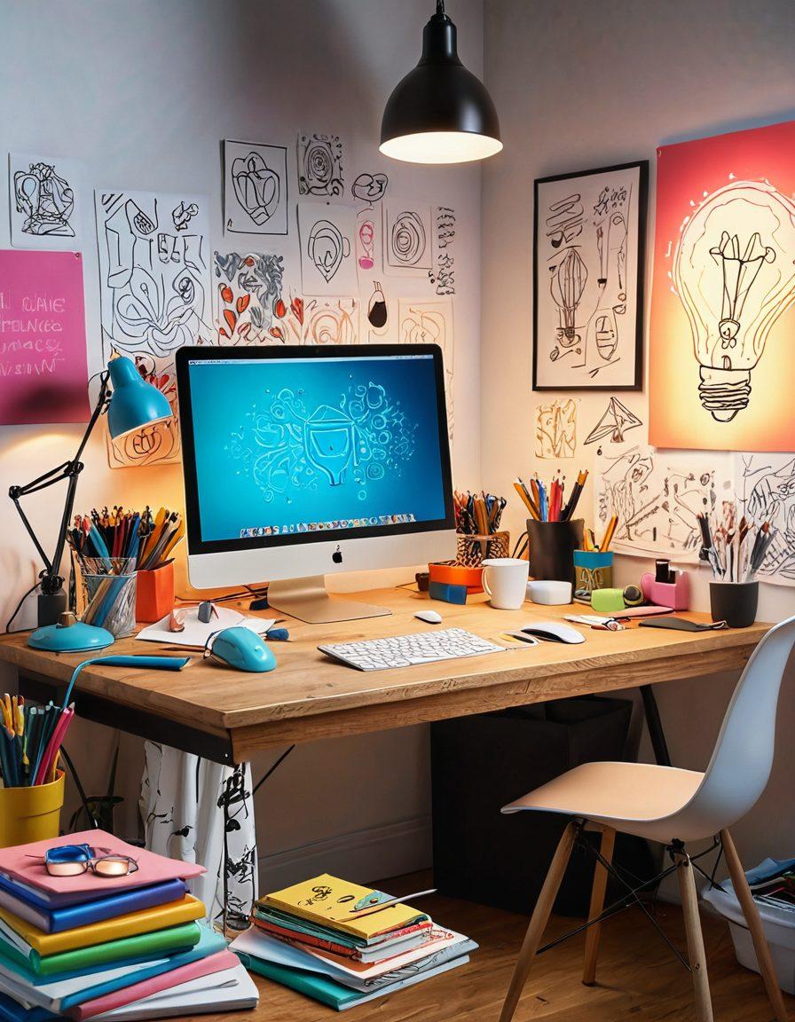 A vibrant workspace filled with sketches, digital tablets, and colorful design tools, showcasing a blend of traditional and modern design techniques. Include elements like a light bulb symbolizing ideas, and flowing abstract shapes around, depicting creativity. The background should have a warm glow, enhancing the inspiring atmosphere. super-realistic. vibrant colors. white background.