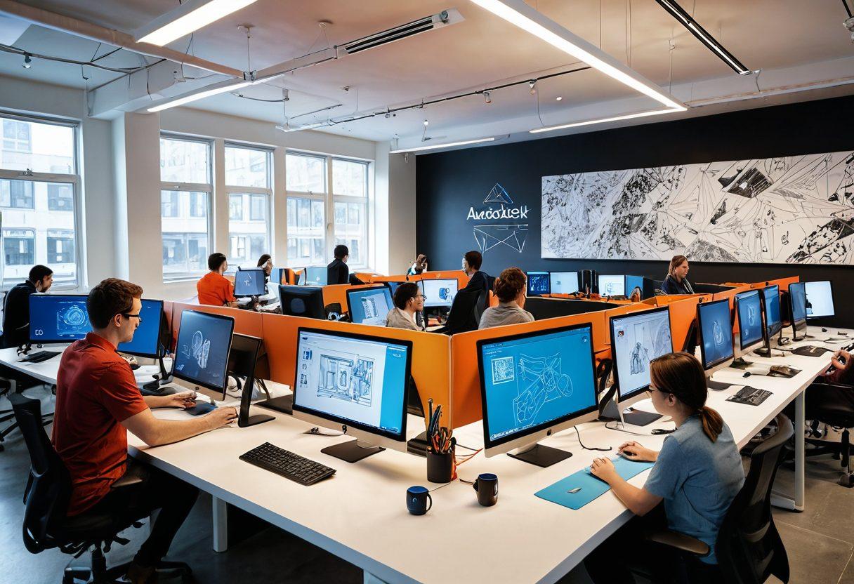 A dynamic workspace filled with talented professionals using Autodesk software on high-tech devices, showcasing impressive 3D designs and graphic illustrations. Include vibrant screens displaying creative designs, collaborative brainstorming with sketches and notes around, and a bright, modern office environment filled with inspiring artwork. Capture the essence of innovation and teamwork in design. super-realistic. vibrant colors. modern office setting.
